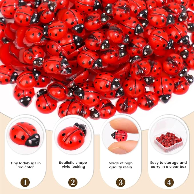 200pcs Mini Resin Ladybug Decor Tiny Ladybug for Crafts Dollhouse Miniatures Mini Resin Things Animals for Fairy Garden Micro Landscaping Home Decoration, 2 Types(0.32*0.4inch & 0.3*0.36inch)