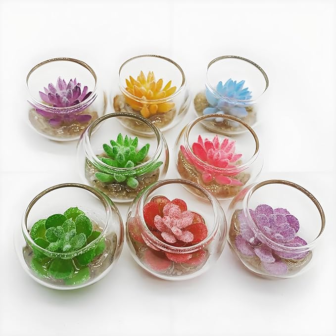 4 Pcs Assorted Color Glass Miniature Succulent Pots – Tiny Artificial Flower Potted Plants for Dollhouse Decoration, DIY Craft, Micro Garden Display, Miniature Home Accessories & Tabletop Ornaments