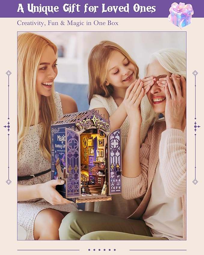 ROBOTIME Book Nook Kit, DIY Miniature House Kit, 3D Wooden Puzzle Bookends, Witch Study Room Bookshelf Decor, Creative Unique Gifts for Adults (Magic Fantasy Corner)