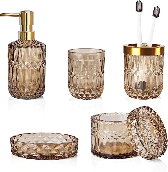 LaMarriti Brown Bathroom Accessories Set, 5Pcs Clear Glass Bathroom Accessories, Lotion Soap Dispenser, Toothbrush Holder Set, Soap Dish, Qtip Holder, Tumbler for Vintage Bathroom Decor, Gift Set