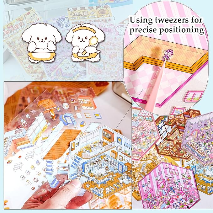DIY 3D Sticker Scene, Stocking Stuffer, 6 Sets of Stickers for Girls Make Your Own Mini Room Scene Stickers for Kids Cute Kawaii Sticker Therapy for Adult Relief Stress, Holiday & Christmas Fun