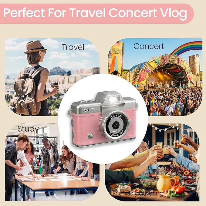 Mini Keychain Camera, 2K Retro Digital Camera with 1.47‘’ Flip Screen & Built-in Flash for Selfies - Includes 32GB SD Card, Strap - Perfect for Travel, Concert, Vlogging