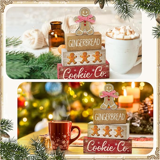Moucuny 4 Pcs Christmas Table Decor Gingerbread Man Decoration Christmas Centerpiece Winter Tiered Tray Decor Rustic Gingerbread Block Signs Gift Winter Table Decoration for Xmas Party Kitchen Home