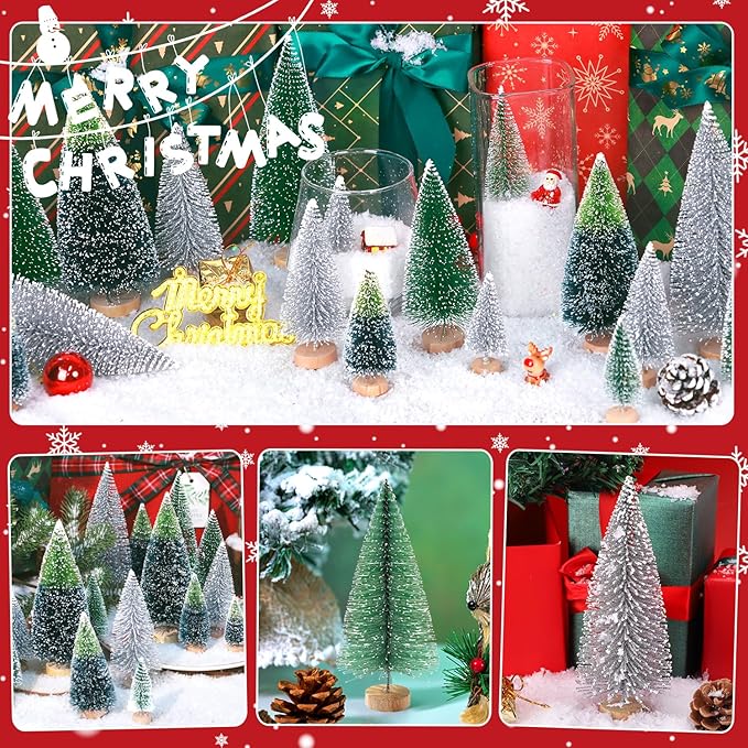 30Pcs Mini Christmas Tree Decor, Artificial Christmas Tree 5 Sizes,Mini Sisal Snow Frost Trees with Wooden Base for Christmas Decor Christmas Party Home Table Craft Decorations (B/Green/Silver)