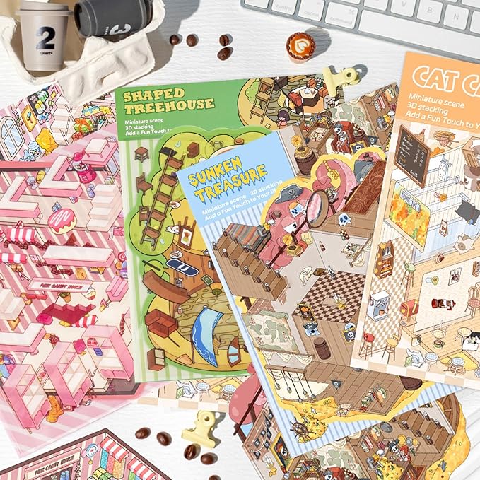 24 Sets 3D Scene Sticker Therapy Fun Cartoon Make Your Own Room Shop Scenes DIY House Stickers for Kids Cartoon Animal Relief Stress Own