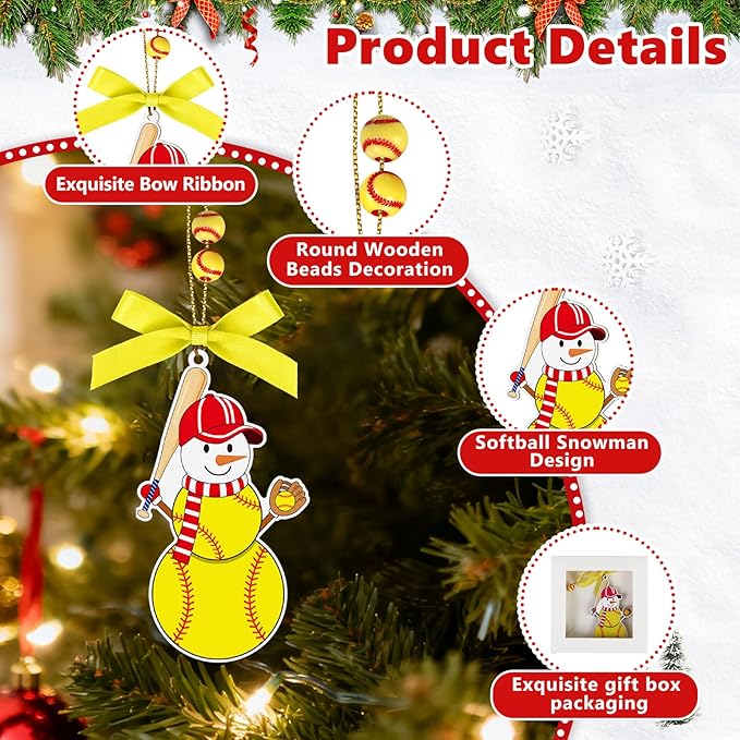 4.3 Inches Snowman Softball Christmas Ornament, Wooden Softball Snowman Tree Ornament Hanging Decoration for Rearview Mirror, Window, Eaves, Fireplace and Home Holiday Party Decor