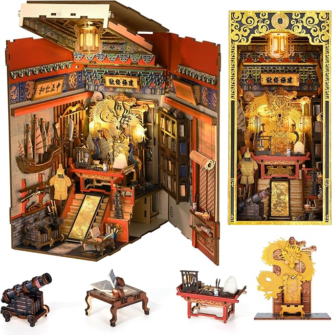 MiniCity Book Nook Kit, DIY Dollhouse Booknook, Book Nook Miniature Kit for Bookshelf Insert Decor Crafts for Adults Teen Halloween, 3D Wooden Puzzle with Led Light (The Emperor's Study)
