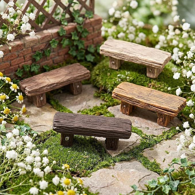 Veemoon Mini Resin Bench, 4pcs Miniature Park Bench Miniature Garden Resin Stools Craft Mini Chairs Garden Bonsai Ornaments Park Street Seat Dollhouse Decoration Accessory 2. 12x0. 71x0. 63in