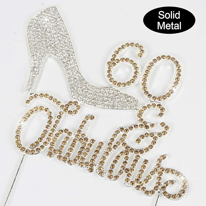 LINGTEER 60 Fabulous Silver High Heel Rhinestone Crystal Cake Topper Perfect for 60th Birthday Anniversary Party Keepsake Sparkle Decoration