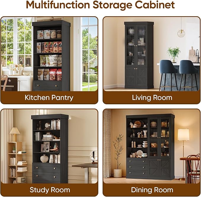 71" Tall Farmhouse Kitchen Pantry, Large Storage Cabinet with Adjustable Shelves, 3 Drawer, Wood Versatile Hutch Cabinet for Dining Room, Living Room, Black 3 PCS