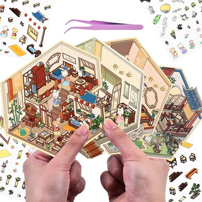 DIY 3D Fun House Stickers, 4 Sets Miniature Cute Rabbit Room Scene Stickers Make Your Own Mini Vintage Building Sticker Scenes for Adult Relief Stress Pass The Time