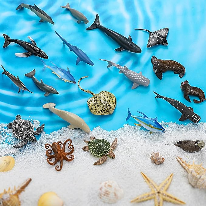 20 Pack Realistic Sea Creature Toys Animals with Mesh Bag Assorted Sea Animal Toys Including Shark, Dolphin, Whale for Ocean Party Decor Party Favors