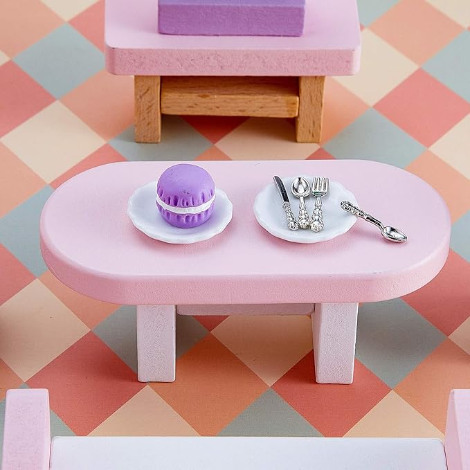 12 Pieces 1:12 Scale Miniature Plates and 12 Pieces Knives Forks Spoons Metal Tableware Dollhouse Miniatures Porcelain Plate Set Dollhouse Kitchen Decoration Accessories