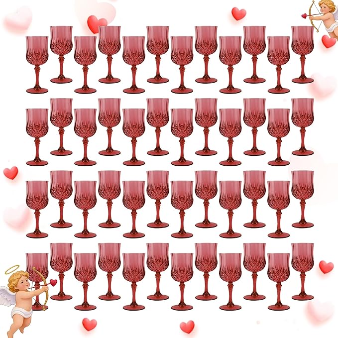 LEYIQU Plastic Wine Glasses, Plastic Goblets Vintage Style Cordial Drinking Glasses for Valentine’s Day, Wedding Reception, Grand Event Party Supplies (48, Scarlet Rose)
