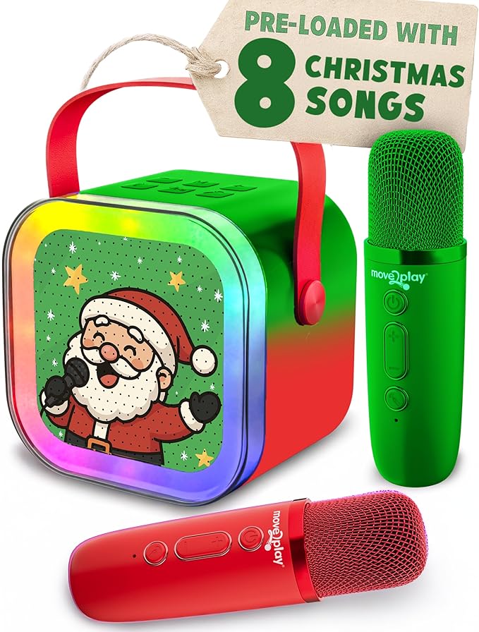 Move2Play, Mini Karaoke Machine for Kids | Built-in 8 Christmas Songs | Bluetooth Speaker with Microphones | Voice Effects | Toddler Music Toy | Stocking Stuffer | Girls & Boys Age 2, 3, 4, 5, 6+