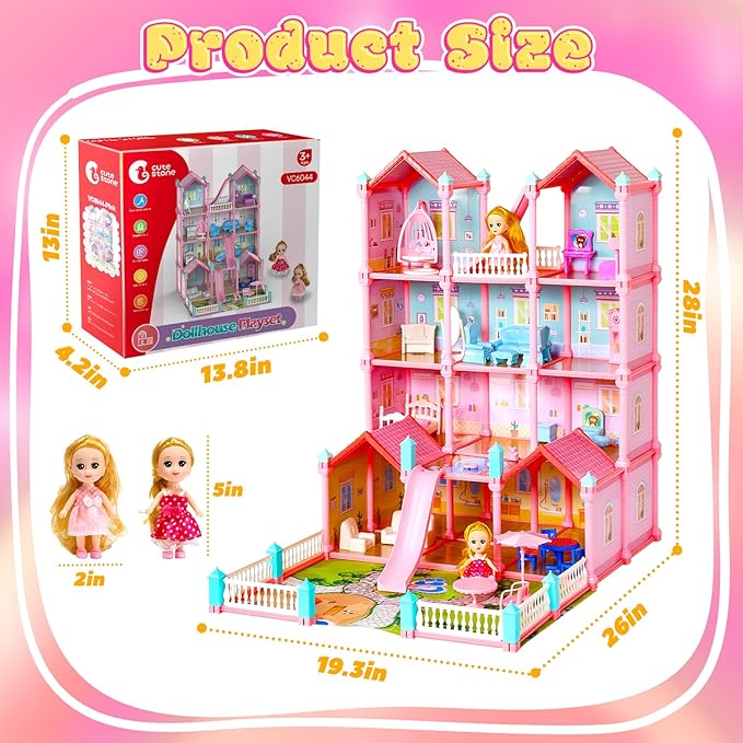 CUTE STONE Huge Dollhouse for Girls, Large Pretend Play Pink Doll House Gift for Kids