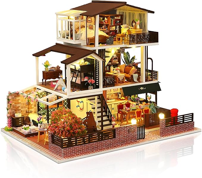 DIY Miniature House Kit, Tiny 3D Wooden European Retro Villa, Mini Dollhouse Building Kit with Dustproof Cover & Music Movement, Creative House Craft for Adults, Gift for Family and Friends