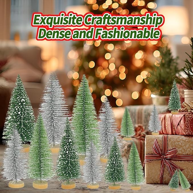 Yahpetes Christmas Tree 15 Pcs Sisal Trees Artificial Xmas Trees 3 Colors Bottle Brush Trees Miniature Pine Trees with Wooden Base for Christmas Holiday Decorations (Silver,Green,Dark Green 15Pcs)