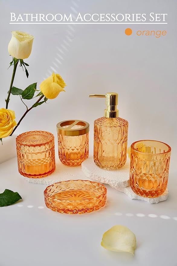 LaMarriti Orange Bathroom Accessories Set, 5Pcs Clear Glass Bathroom Set, Lotion Soap Dispenser, Soap Dish, Tumbler, Toothbrush Holder Set, Qtips Holder for Vintage Bathroom Decor, Gift Set
