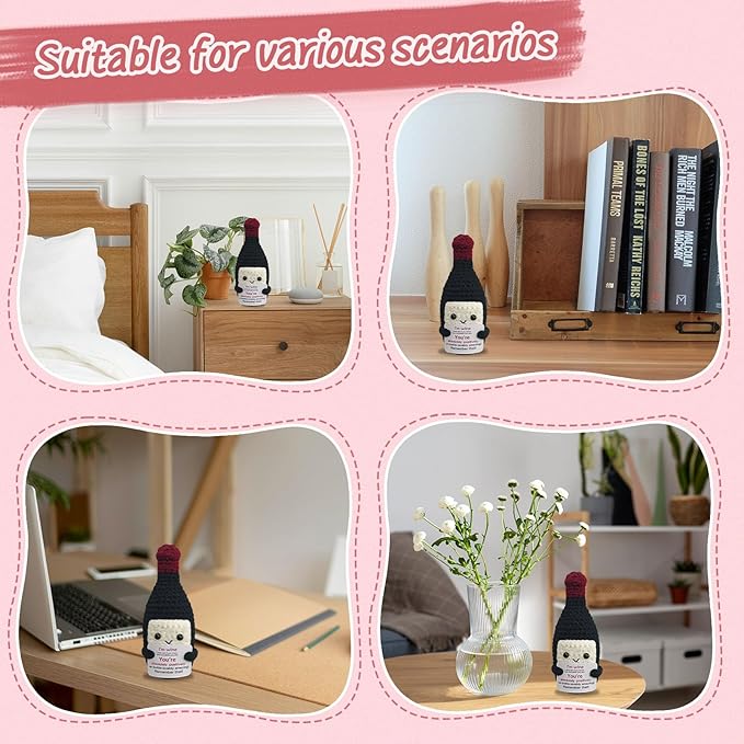 Fouliki Funny Crochet Mini Wine Bottle - Valentine's Day Gift for WineLovers,Unique Handmade Emotional Support Wine Gifts,Cute Desk & Home Decor for Him or Her,Creative w-i-n-e Themed Gift Idea
