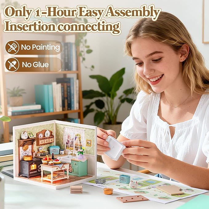 ROBOTIME Super Creator Kits, Plastic Mini House, Expandable Plastic Craft, DIY Miniature House Kit with LED for Adults, Building Set for Creative Play Unique Hobby Gift (Farmhouse Kitchen)