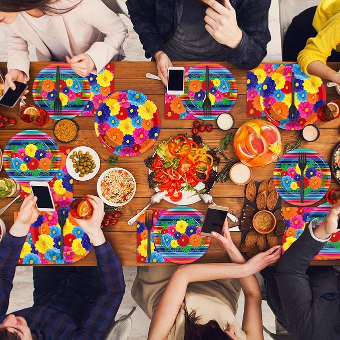 96 Pcs Mexican Fiesta Plates and Napkins Party Supplies Fifth of May Tableware Mexican Theme Birthday Party Decorations Fiesta Flowers Stripes Paper Dinnerware for Taco Weddings Baby Shower 24 Guests