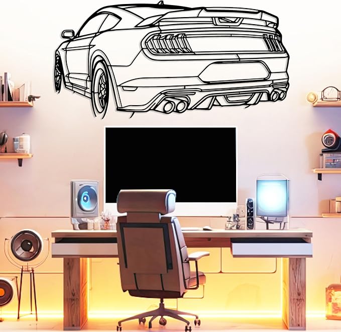 DecoSoul Mustang Metal Car Wall Art, Sports Car, Automotive Silhouette Line Decoration, Minimalist Sculpture for Garage, Indoor Outdoor Wall Hanging, Gift for Boyfriend (Black - 30 x 8.2” inch)