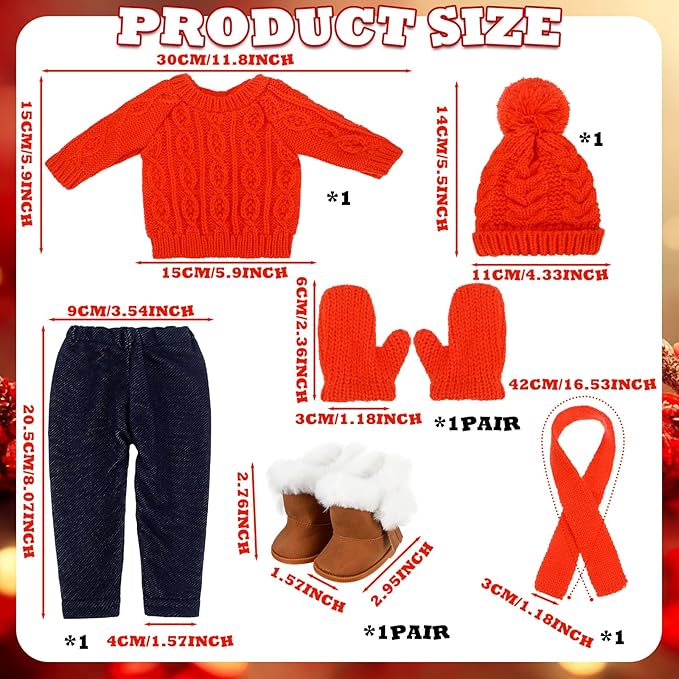 Bencailor 6 Pcs Winter 18 Inch Doll Clothes and Accessories Winter Outfits Set Sweaters Trousers Hats Shoes for 18 Inch Doll Gifts(Orange Red,Fresh)