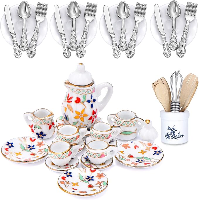 Skylety 37 Pieces 1:12 Scale Miniatures Dollhouse Kitchen Accessories Include 16 Plates Knife Fork Spoon, 6 Egg Beater Utensil, 15 Tea Cup Set(Flora Bloom)