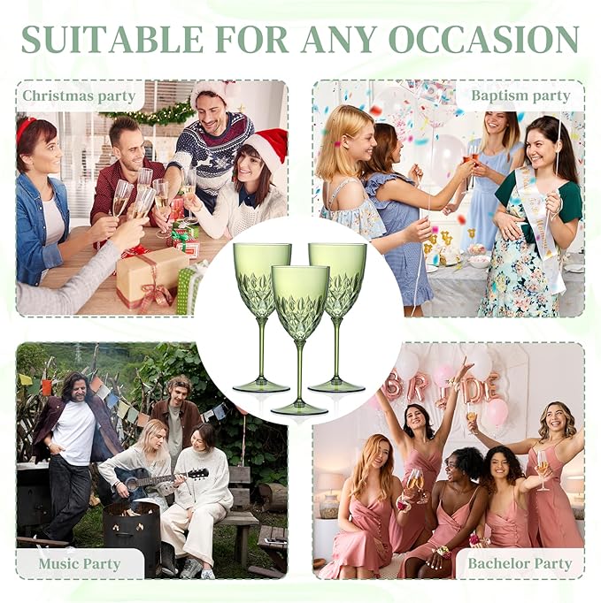 SKLENICE 24 pcs Plastic Green Wine Glasses Set 7.4oz Detachable Small Wine Goblet Champagne Flutes Unbreakable Vintage Diamond Stemware Mimosa Drinking Glassware for Wedding Christmas Event Party