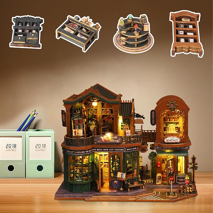 DIY Miniature House Kit, Mini 3D Wooden Books Shop Building Kit, Tiny Dollhouse Kit with Dustproof Cover & Music Movement, Creative Handmade House Craft, Gift for Adults Teens Family Friends