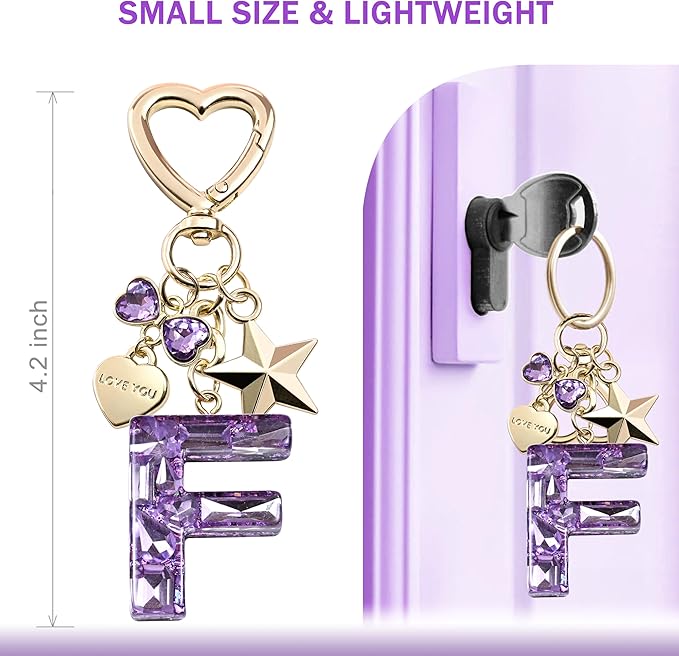 Cute Bling Keychain initial Letter Butterfly Star Pink Purple Gift for Women Girls Bag Cup Charms Accessories
