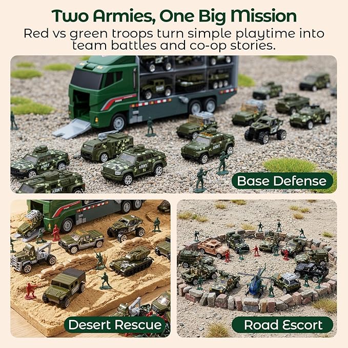 LovesTown 44PCS Large Military Truck Set, 13PCS Mini Die-cast Military Toy Cars in Carrier Truck with 30PCS Army Men Toy Soldiers for Kids Boys Birthday Party Favors