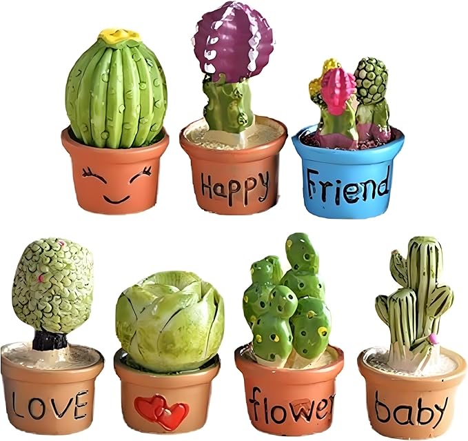 7 Pcs Miniature Succulent & Cactus Figurines – 1:12 Scale Potted Plant Ornaments for Fairy Garden Accessories, Dollhouse Decoration, Micro Landscape Bonsai, Desk & Cake Decor Gift Set