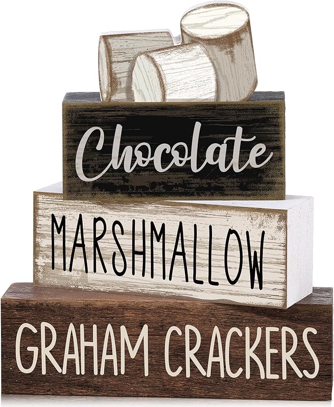Moucuny 4 Pcs Winter Table Decoration Wooden Marshmallow Chocolate Christmas Tiered Tray Decor Xmas Centerpiece Decorative Hot Cocoa Marshmallow Block Signs Gift Winter Decoration for Home Kitchen