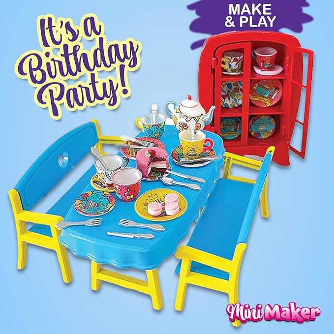 Mini Maker Party Creations – Paint Your Own Set with UV Oven – DIY Ceramic-Like Craft Kit for Girls & Boys – Decorate 30 Tableware Pieces – Decals & Glaze (Birthday Party)