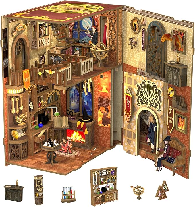 CUTEBEE Book Nook Kit - DIY Miniature House Dollhouse Kit for Adults, Booknook Tiny House Bookshelf Decor 3D Wooden Puzzle, Gifts for Family and Friends (Flame Common Room)