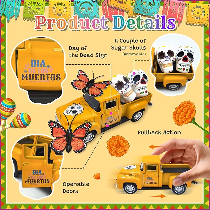 Day of The Dead Decorations for Altar Sugar Skulls Halloween Decor Metal Truck with Couple Sugar Skull Figurines Monarch Butterfly Mexican Dia De Los Muertos Decor Mini Ofrenda Altar Decorations