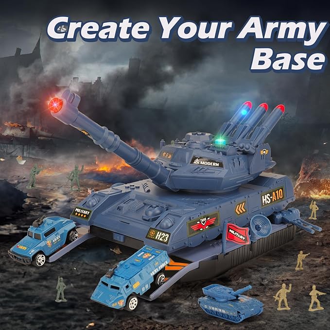 Army Toys - 6 Pcs Alloy Mini Vehicles & 8 Army Men, Military Tank Toys with Light & Sounds, Missiles, Gift for Boys 3-6 Years