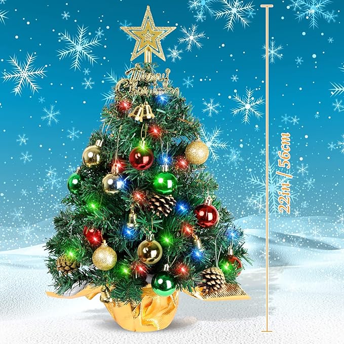 AGIRL Tabletop Christmas Tree 22 Inch Mini Artificial Christmas Tree with 30 LED String Lights, Star Tree, Tabletop Small Xmas Tree for Holiday Indoor DIY Christmas Decor