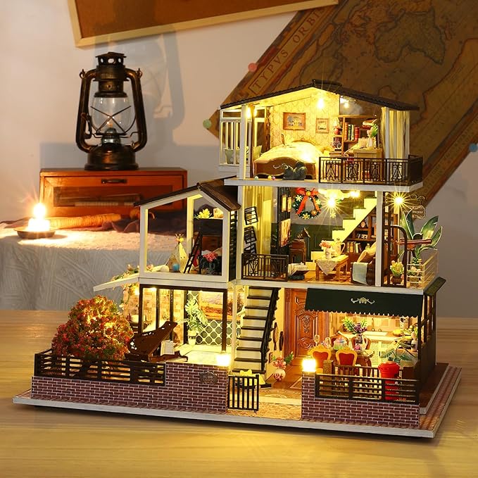DIY Miniature House Kit, Tiny 3D Wooden European Retro Villa, Mini Dollhouse Building Kit with Dustproof Cover & Music Movement, Creative House Craft for Adults, Gift for Family and Friends