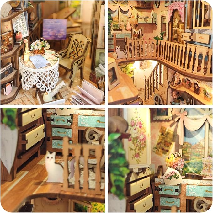 DIY Dollhouse Kit for Adults 2D Stereo Assembly Night Light Sensing Wooden Bookend Jigsaw Building Model (Pastoral Diary)