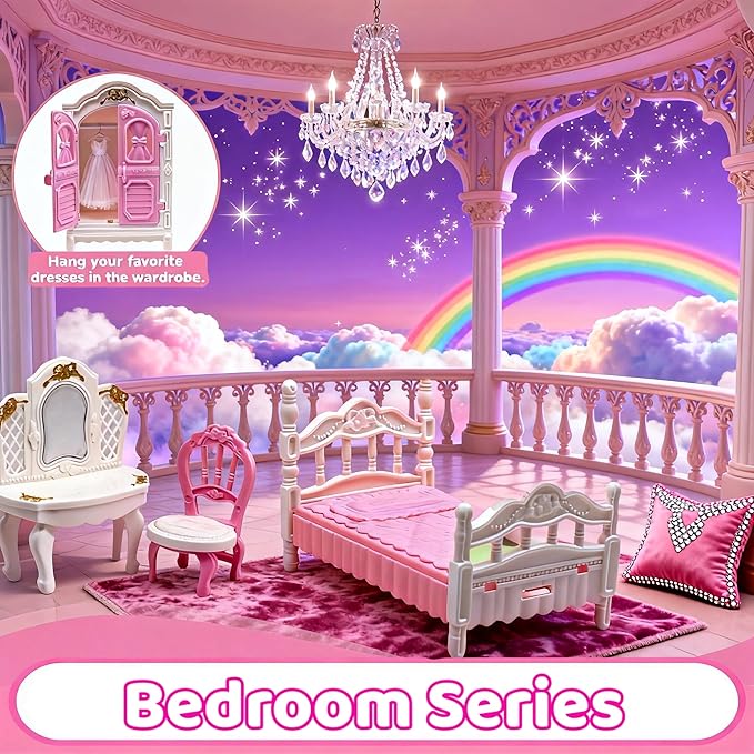 52 Pcs Doll House Mini Furniture, Dollhouse Furniture Set Accessories, Kitchen, Bedroom, Living Room, Bathroom Accessories - Miniature Doll House Toy
