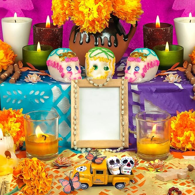 Day of The Dead Decorations for Altar Sugar Skulls Halloween Decor Metal Truck with Couple Sugar Skull Figurines Monarch Butterfly Mexican Dia De Los Muertos Decor Mini Ofrenda Altar Decorations