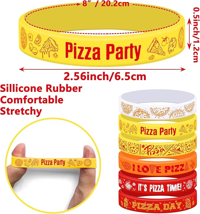 Lesnala 48 Pcs Pizza party favors silicone bracelets 6 Styles Pizza themed rubber wristbands Pizza day colorful stretch wristband for Women Men Party Decorations Kids School Prizes