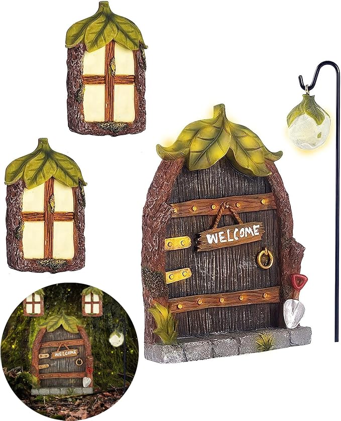 Jauay Miniature Fairy Garden Accessories Fairy Door and Windows for Trees, Glow in The Dark Yard Sculpture Lawn Ornament Mini Garden Art Outdoor Decor Accessories with Lantern