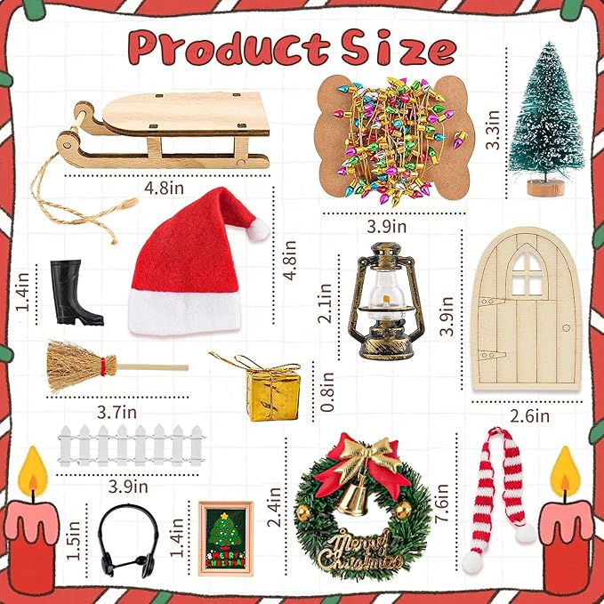 77 PCS Doll House Christmas Set Dollhouse Accessories Miniature Figurines Mini Santa Snowman Books String Lights Fence Ducks Yard Gift Box Decor for Pretend Toys DIY Festival Party Fairy Garden