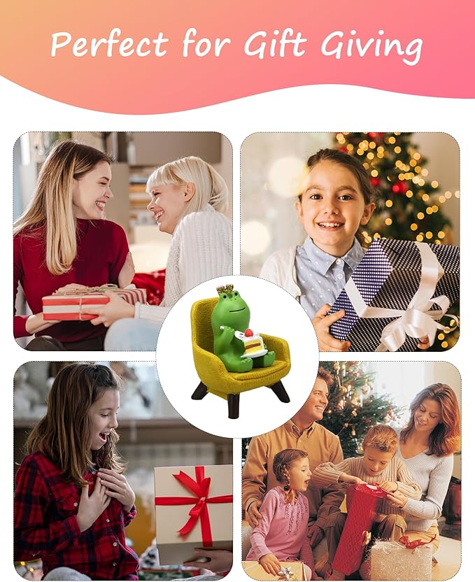 Miniature Frog Eating Cake Figurine - Funny Shelf Desk Decoration - Perfect Cute Frog Gift (Yellow Sofa)