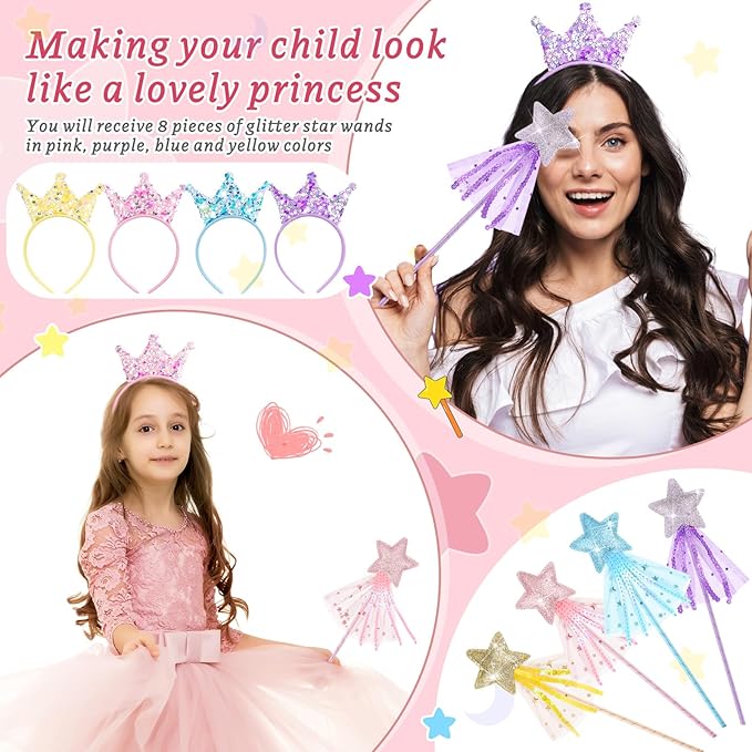 Hollowfly 12 Pcs Princess Party Favors Including 6 Glitter Star Fairy Wands and 6 Sequin Princess Crown Headbands for Girls Birthday Party Gifts