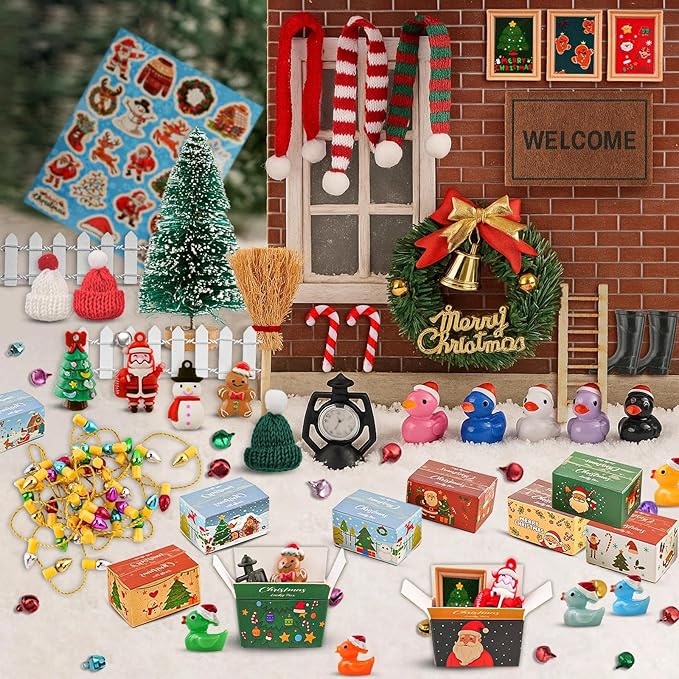67PCS Dollhouse Accessories Doll House Miniatures Christmas Decoration Small Scene Model Light Mini Tree Gift Boxes Fake Light Door Mini Scene Model Pretend Toys DIY Festival Holiday Party Favors Gift